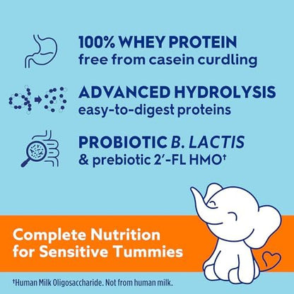 Dr Browns Gentle Pro hydrolyzed whey protein infant formula highlighting easy digestion benefits on back panel.