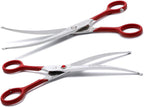 Side angle view highlighting the curved stainless steel blade of the LovinPet pet grooming tool.