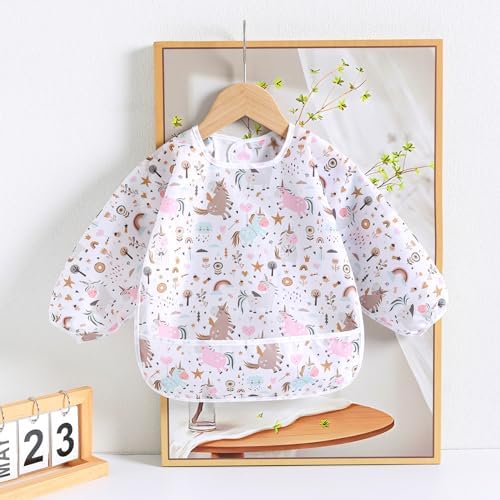 Five pack collection of waterproof long sleeve shirt bibs displayed together featuring diverse kid friendly patterns.