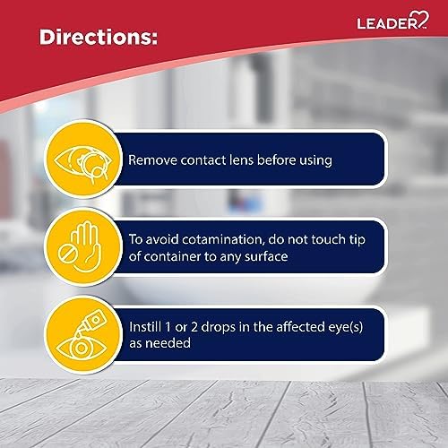 Leader eye drops 0.5 fluid ounce packaging showing active ingredients