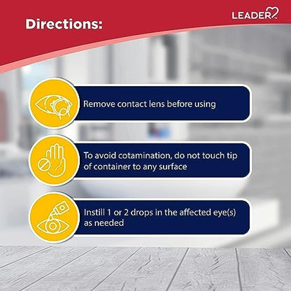 Leader eye drops 0.5 fluid ounce packaging showing active ingredients