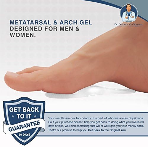Self-adhesive ball of foot cushions for plantar fasciitis relief shown on shoe insole