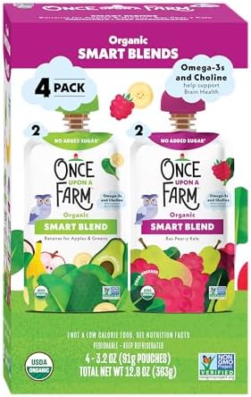 Once Upon a Farm Smart Blend multi pack showcasing clean label certifications and ingredients