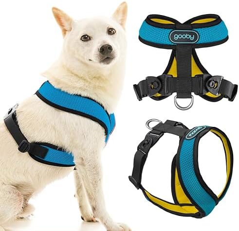 Gooby choke free mesh vest harness in ocean blue side profile on a small dog