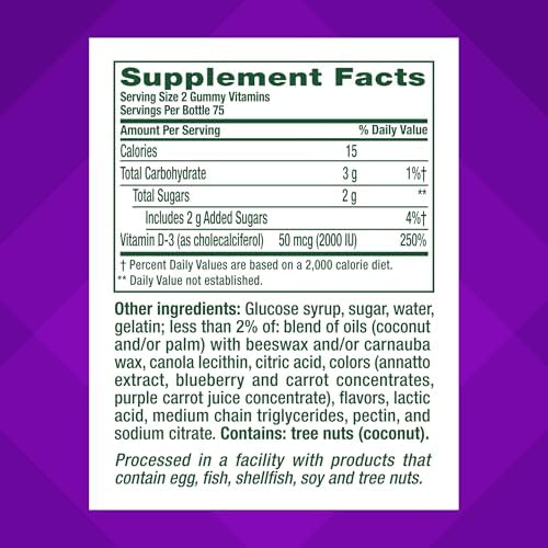 Back panel of Vitafusion vitamin D3 bottle showing ingredients and daily directions.