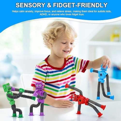 Colorful robot fidget toys with powerful suction cups sticking to a window glass