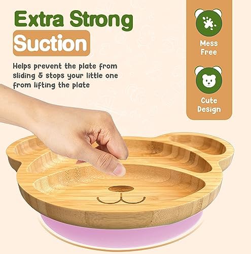 Pink bamboo suction plate for toddlers with four compartments