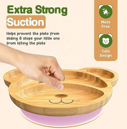 Pink bamboo suction plate for toddlers with four compartments