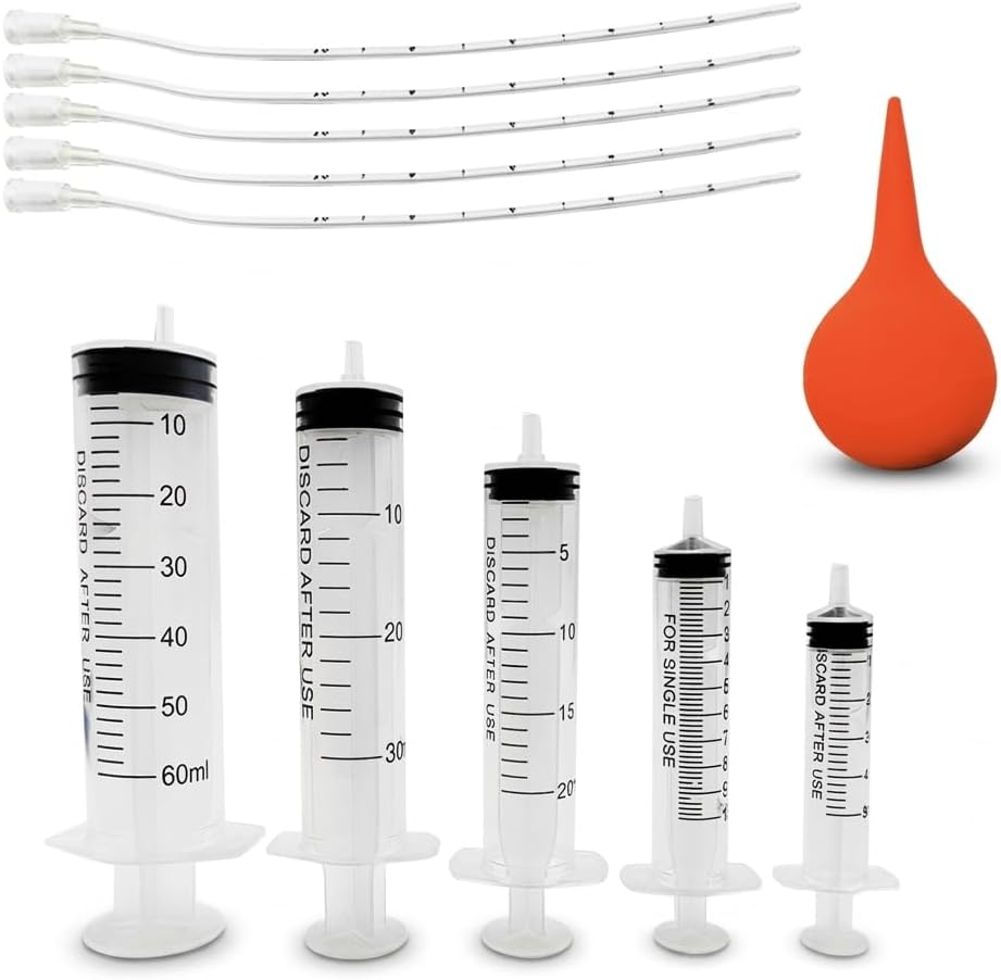 Yiqianhome 11-Piece Puppy Kitten Feeding Tube Kit front view featuring multi-size clear syringes and red bulb syringe.