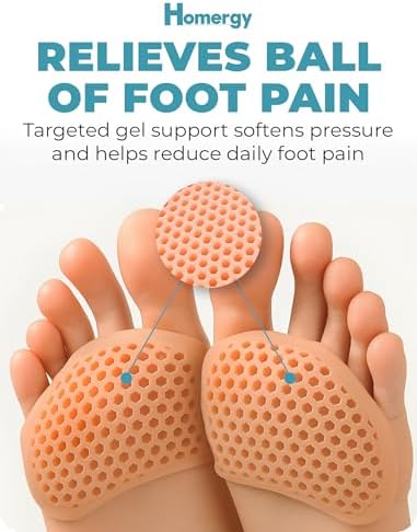 Four pack of Homergy metatarsal cushions showing two pairs of reusable beige foot pads.