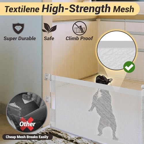 POMESEA white mesh pet fence fully retracted into its compact space saving side housing.
