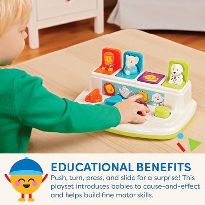 Top down shot of the teal orange purple and green mechanisms on the educational toy
