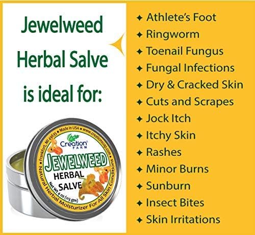 Creation Pharm Jewelweed Salve 4 ounce packaging open tin displaying the natural beeswax and tea tree texture