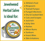 Creation Pharm Jewelweed Salve 4 ounce packaging open tin displaying the natural beeswax and tea tree texture