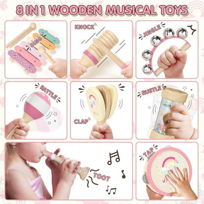 Lehoo Castle toddler wooden toys showcasing the eight tone xylophone and matching mallets.