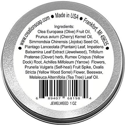Creation Pharm Jewelweed Herbal Balm back label showing ingredients list and usage directions