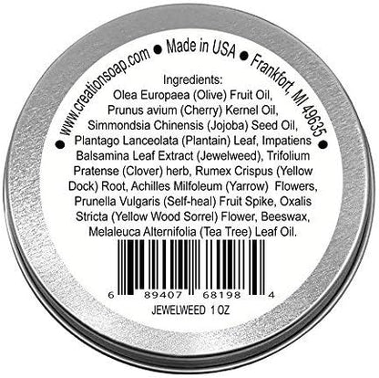 Creation Pharm Jewelweed Herbal Balm back label showing ingredients list and usage directions