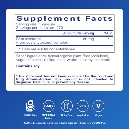 Pure Encapsulations Beta-Sitosterol supplement facts panel listing phytosterol complex and dietary ingredients