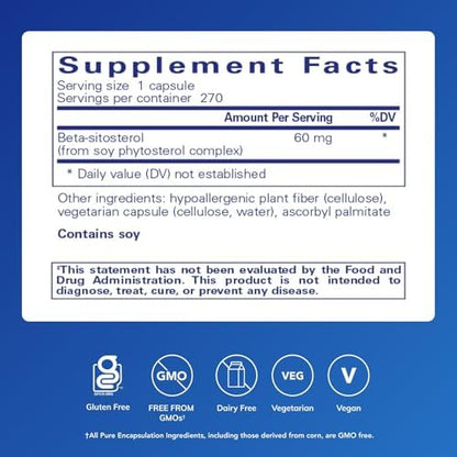 Pure Encapsulations Beta-Sitosterol supplement facts panel listing phytosterol complex and dietary ingredients