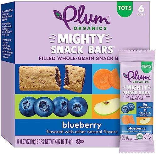 Plum Organics toddler food bar packaging back side showing detailed organic ingredients and 11 vitamins certification.