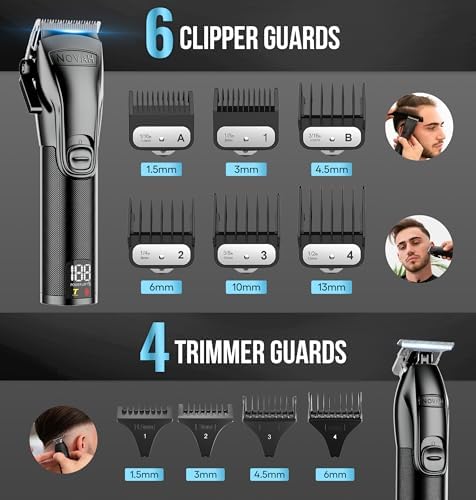 The complete Novah barber kit including color-coded guards, styling comb, lubricant gel, and professional cape.