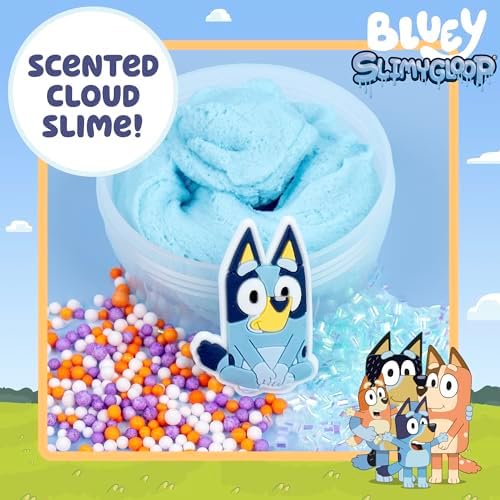 Blue bubblegum scented cloud slime stretched out to demonstrate its soft fluffy texture