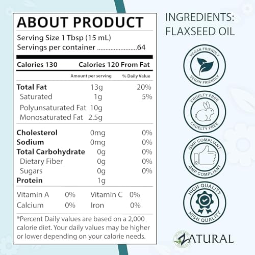 Zatural 100 percent pure premium flaxseed oil nutritional facts label view