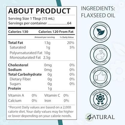 Zatural 100 percent pure premium flaxseed oil nutritional facts label view