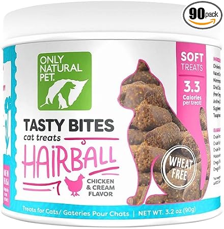 Only Natural Pet Hairball Care soft chews for cats front view container.