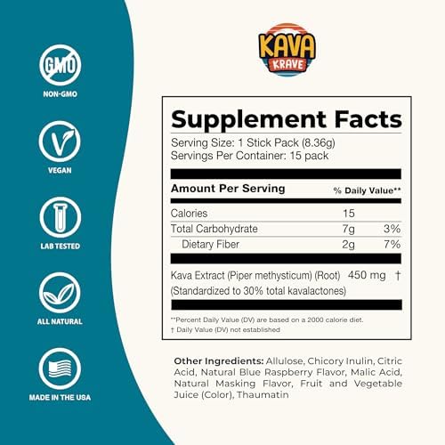 Close up view of zero sugar plant based noble kava extract powder mix nutritional supplement fact label and brand authenticity seals.