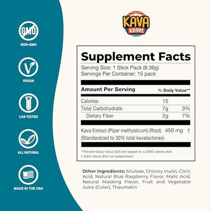 Close up view of zero sugar plant based noble kava extract powder mix nutritional supplement fact label and brand authenticity seals.