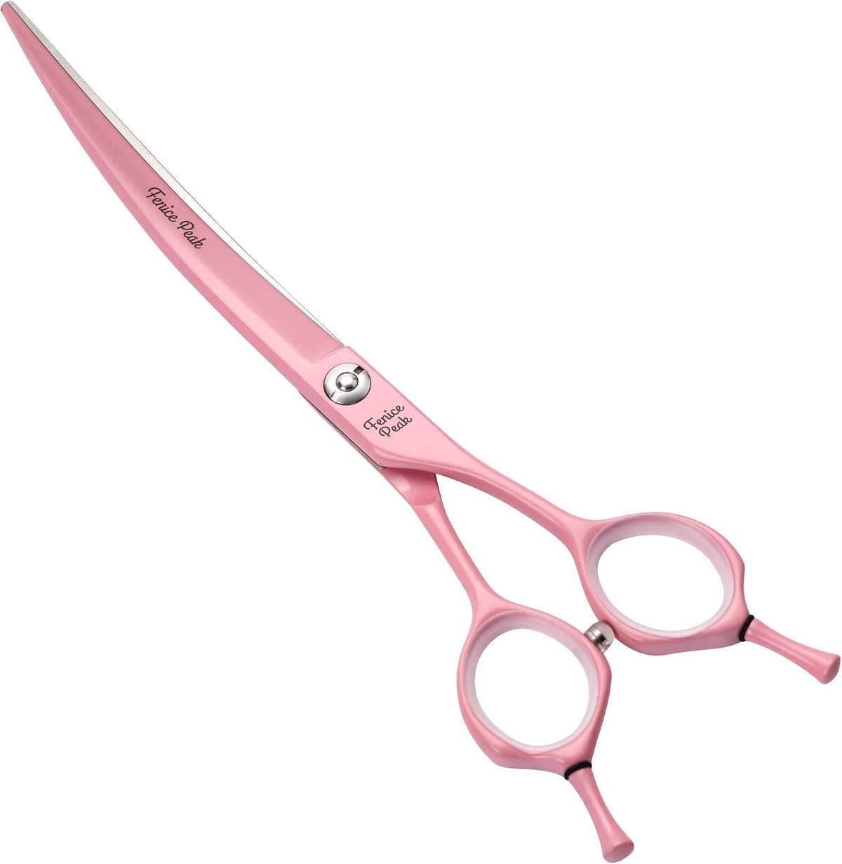 Fenice Peak curved dog grooming scissors front view showcasing pink coating