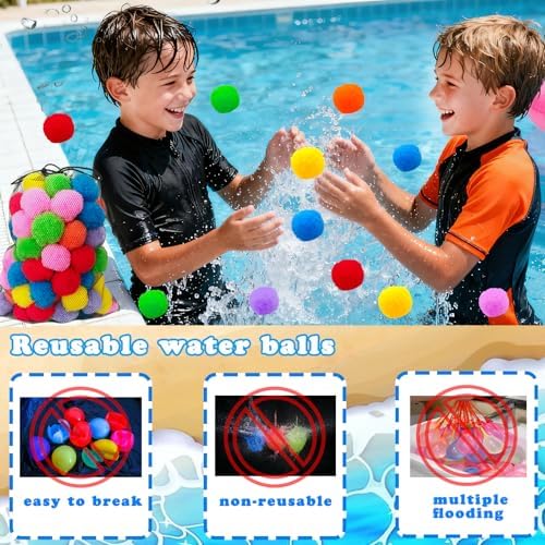 Children playing an outdoor backyard water fight game using soft absorbent soaker balls.