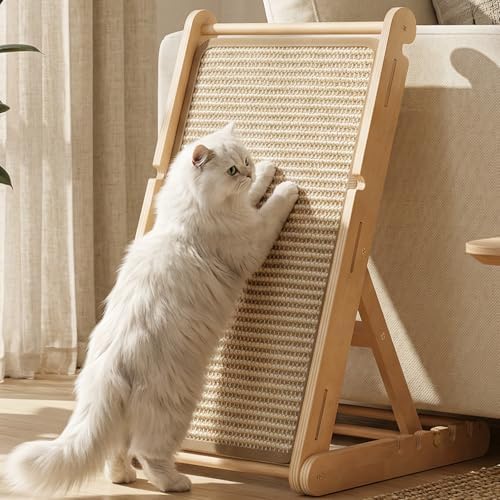 Foldable cat scratching board with five adjustable height angles shown in light wood