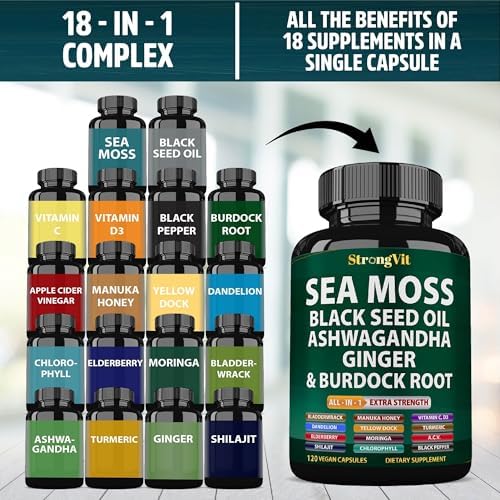 Gujisa StrongVit Sea Moss and Ashwagandha multimineral supplement nutritional facts and 18-in-1 formula details.