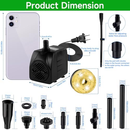 Submersible pond pump with adjustable side flow valve and five foot power cord