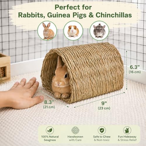PEMAR Natural Seagrass Bunny Tunnel - Handwoven Rabbit Hideaway & Edible Grass House - Safe Chew Toy, Bed for Guinea Pigs, Chinchillas, Rats & Indoor Bunnies - Small Animal Enrichment (9x8.3x6.3") - Image 3