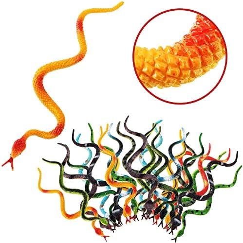 Assorted four inch miniature fake snakes by Blulu spread out to show various lifelike rainforest designs.