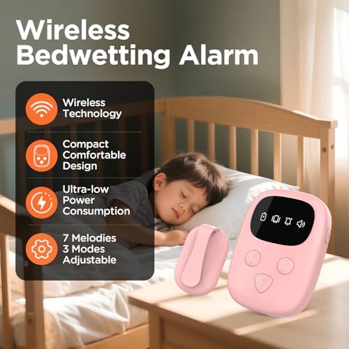 Compact moisture sensor transmitter and receiver set for overnight potty training.
