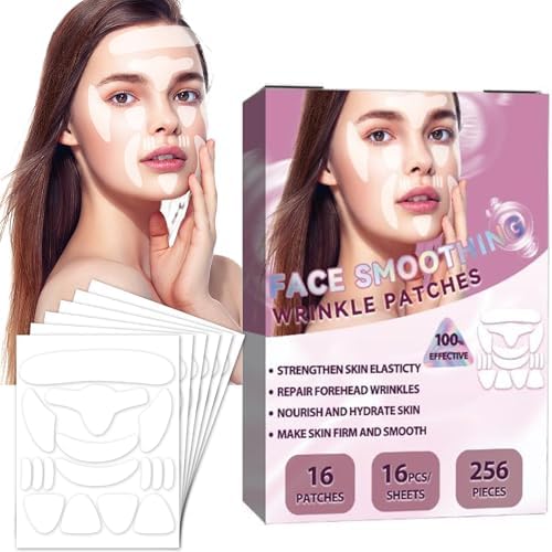 Silicone forehead wrinkle patches being applied to smooth frown lines and expression creases