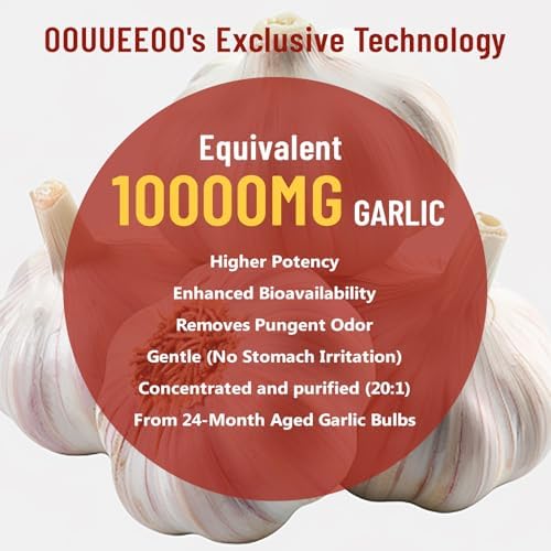 Side view of OOUUEEOO Allium sativum dietary supplement bottle showing non GMO certification.