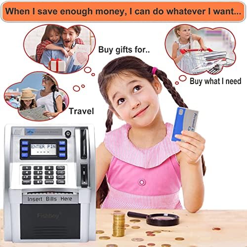 Silver and black kids money safe box with motorized bill feeder slot