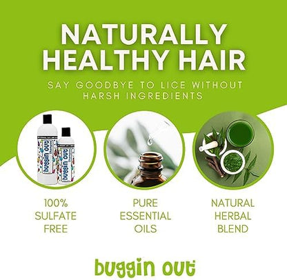 Back of Buggin Out shampoo bottle showing ingredients and usage