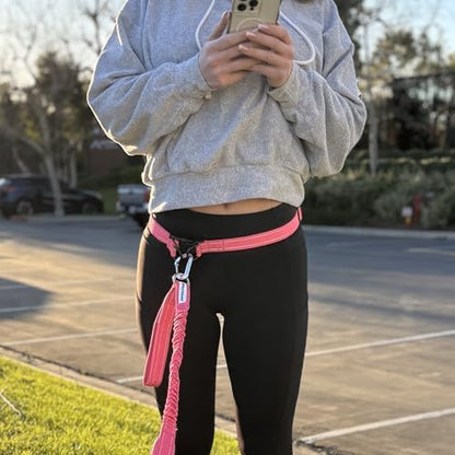 Shed Defender dog leash belt attached to a standard leash