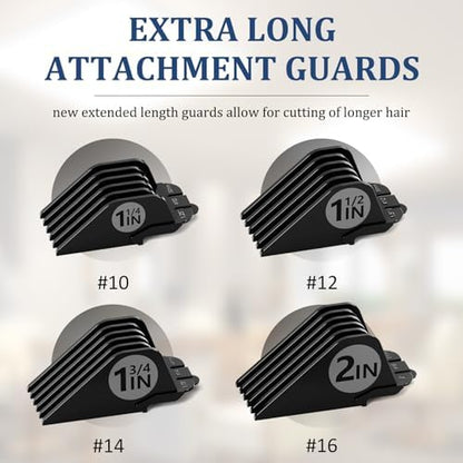Durable black plastic hair clipper guards number ten through sixteen arranged neatly to emphasize precise style length options.