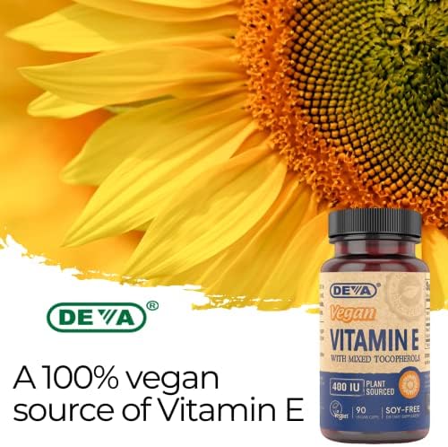 Authentic imported DEVA plant based vitamin E bottle highlighting cellular health support attributes