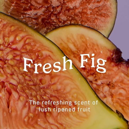 Close up of Fresh Fig scent technology label on USA imported intimate wash bottle