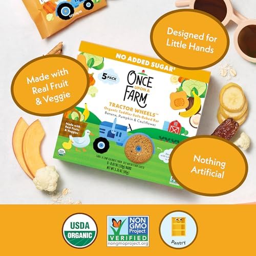 Once Upon A Farm shelf stable toddler bars demonstrating the easy grip round shape