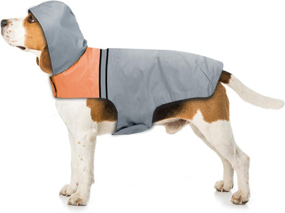 Havenfly waterproof dog raincoat front view showing the protective hood and orange collar accent.