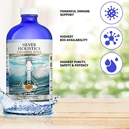Silver Holistics bioactive mineral supplement showing clear liquid transparency next to measuring cup